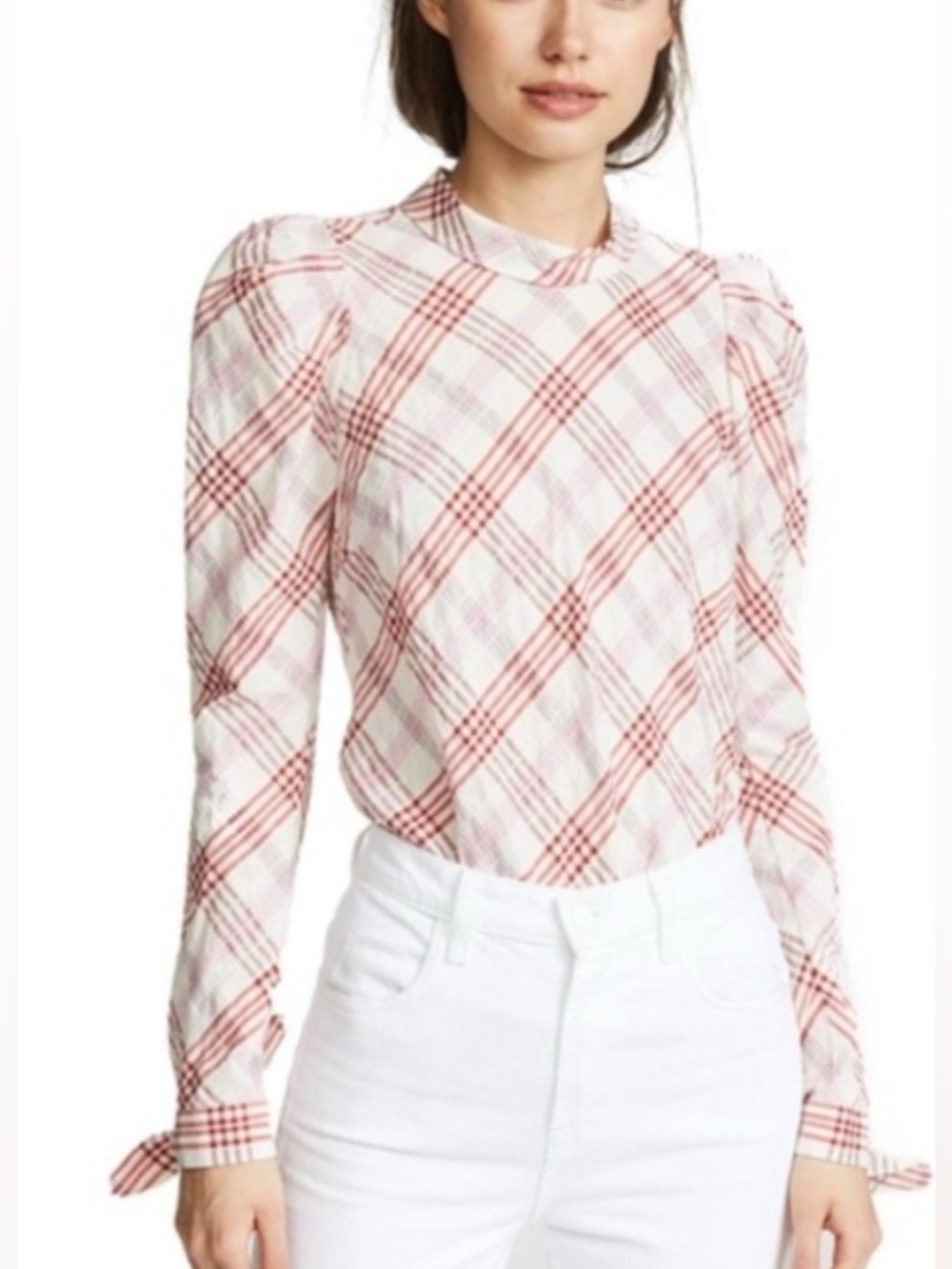Veronica Beard Plaid Puff-Sleeve Blouse in Red and White Size 8